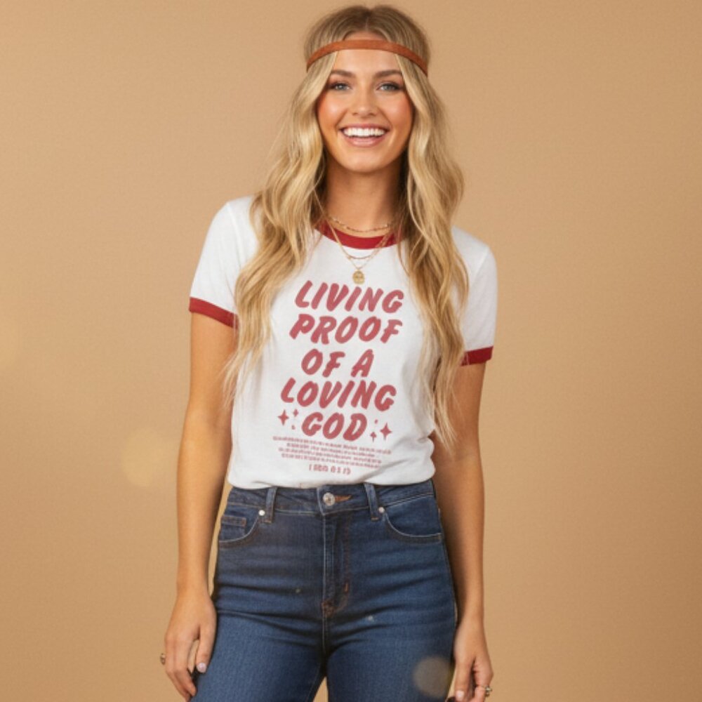 Living Proof of A Loving God Red & White Retro Style Ringer Graphic Tee 70s